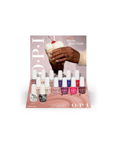 OPI Fall ’26 GelColor 14PC Vac Tray Display showcases fall nail colors in a salon counter tray with white-capped gel polish bottles and a Route Beer Float dessert-themed backdrop.
