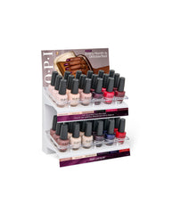 OPI Fall '26 Nail Lacquer 36PC Acrylic Display holds two tiers of fall nail colors in nude, mauve, plum, blue, and red, with an Oktoberfest-themed promo card on a white retail stand.