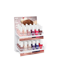 OPI Fall ’26 GelColor 36PC Acrylic Display showcases fall nail colors in pink, nude, berry, red, blue, and brown shades on a two-tier salon retail stand with Route Beer Float signage.