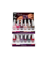 OPI Fall '26 Infinite Shine 36PC Acrylic Display holds assorted fall nail colors in pink, plum, nude, bronze, teal, and red on a clear tiered salon retail stand with Louvre Me Not campaign header.