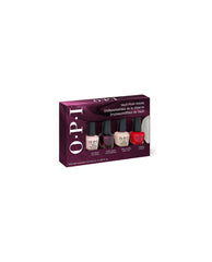 OPI Fall '26 Nail Lacquer 4PC Mini-pack displays four mini fall nail colors - pale pink, deep plum, nude, and red - in a burgundy Vault Must-Haves gift set box on a white background.