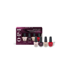 OPI Fall '26 Nail Lacquer 4PC Mini-pack gift set displays four mini fall nail colors - pale pink, deep burgundy, nude, and red - in front of a burgundy Vault Must-Haves box on a white background.