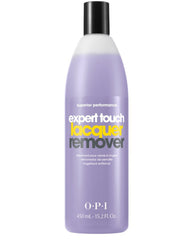OPI Expert Touch Lacquer Remover bottle standing upright, showing its lavender 450 mL (15.2 fl oz) formula and black cap, ideal for pairing with an OPI nail polish gift set or salon-quality manicure routine on a clean white background.