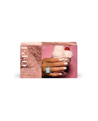 OPI Fall ’26 Powder Perfection 6PC Trial Kit #1 box featuring pastel fall nail colors, pink textured powder graphics, and a hand holding strawberry ice cream.