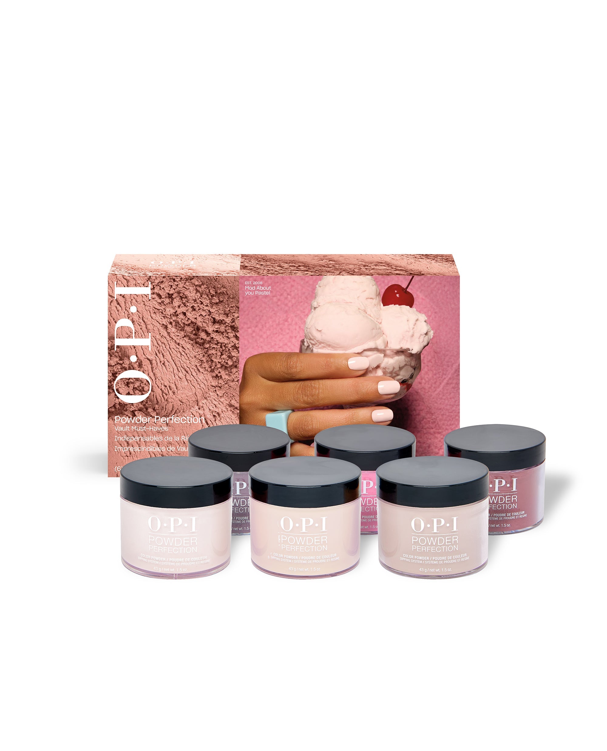 OPI Fall '26 Powder Perfection 6PC Trial Kit #1 showcases six pastel dipping powder jars in front of a pink ice cream display box, highlighting soft fall nail colors for salon displays.