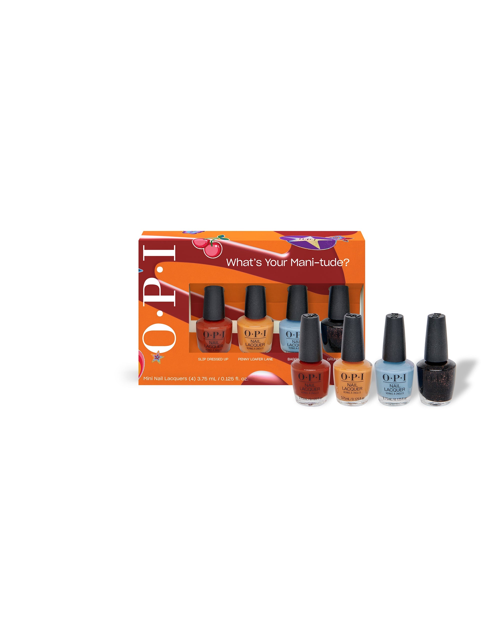 OPI Fall ’25 Nail Lacquer 4PC Mini-Pack nail polish gift set displayed with four mini bottles in warm terracotta, mustard, sky blue, and black glitter shades in front of a bright orange “What’s Your Mani-tude?” gift box on a white background.