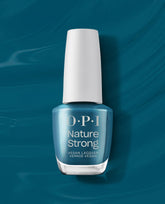 OPI Nature Strong Vegan Nail Lacquer in All Heal Queen Mother Earth, a rich teal green nail polish, stands upright with a white cap against a matching swirled backdrop, highlighting a glossy finish—perfect for spring nail colors from OPI.