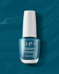 OPI Nature Strong Vegan Nail Lacquer in All Heal Queen Mother Earth, a rich teal green nail polish, stands upright with a white cap against a matching swirled backdrop, highlighting a glossy finish—perfect for spring nail colors from OPI.