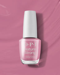 OPI Nature Strong Vegan Nail Lacquer in Knowledge is Flower, a soft rosy pink polish in a glass bottle with white cap, standing upright on a matching pink background, ideal as a clean beauty OPI nail polish gift set.