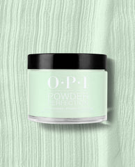 OPI AppointMINT Confirmed Powder Perfection dipping powder in a clear jar with black lid sits centered on a textured pastel mint background, showcasing green nail polish ideal for spring nail colors with prominent OPI branding.