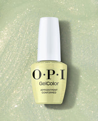 OPI GelColor AppointMINT Confirmed bottle standing against a glittery mint swatch, showcasing pale green nail polish with fine shimmer; long-wear gel nail polish ideal for spring nail colors and fans of green nail polish from OPI.