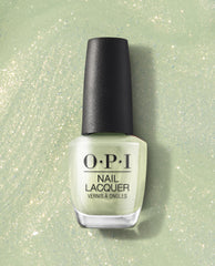 OPI AppointMINT Confirmed Nail Lacquer bottle standing upright, showing a pale mint green polish with fine sparkle on a glittery pastel background—fresh green nail polish perfect for spring nail colors from OPI.