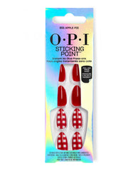 OPI Sticking Point Big Apple Pie press-on nails display glossy red and red-white gingham designs in iridescent retail packaging, a trending no-glue manicure kit with stick-on tabs.
