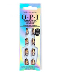 OPI Make My Art Flutter Sticking Point press-on nails displayed in iridescent packaging, featuring no-glue tabs and gold-and-black butterfly wing designs for bold fall nail colors.