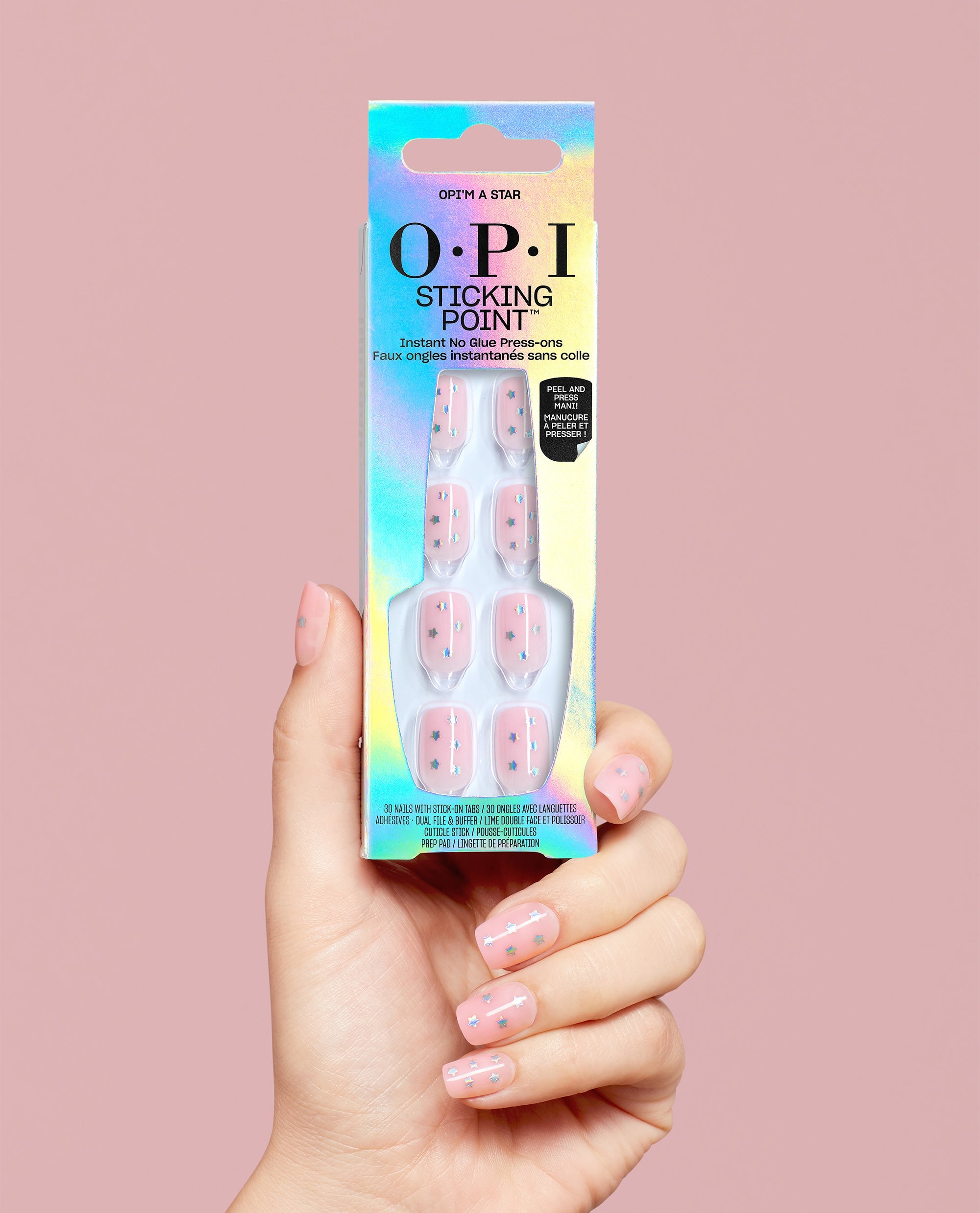 OPI’m a Star Holographic Star Square Stick On Nails Hand and Product