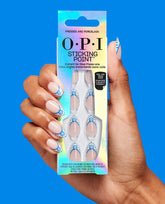 Pressed and Porcelain Blue Ceramic Almond Stick On Nails Hand and Product