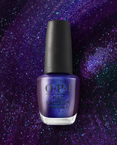 OPI nail polish bottle of Abstract After Dark nail lacquer standing upright, showing deep purple and blue shimmer with fine glitter against a matching sparkling galaxy-style background.