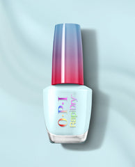 OPI RapiDry Baby Blue Me Away nail polish bottle in pale baby blue with a glossy blue-to-pink gradient cap on a light blue background.