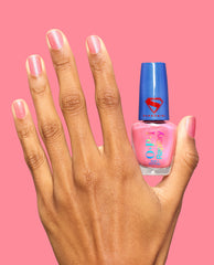 Blush of Power Light Pink Iridescent Quick-Dry Nail Polish Hand and Bottle