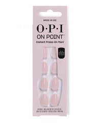 OPI On Point Bride or Die instant press-on mani displays sheer pale pink artificial nails in a blush pink box, offering up to 14 days of wear for soft fall nail colors.