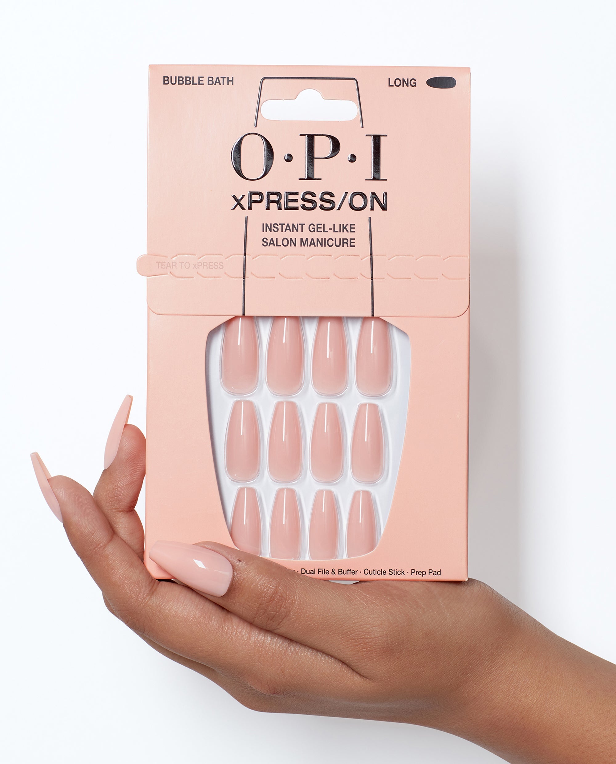 OPI Bubble Bath - Long Nude Press-on Nails Hand and Product