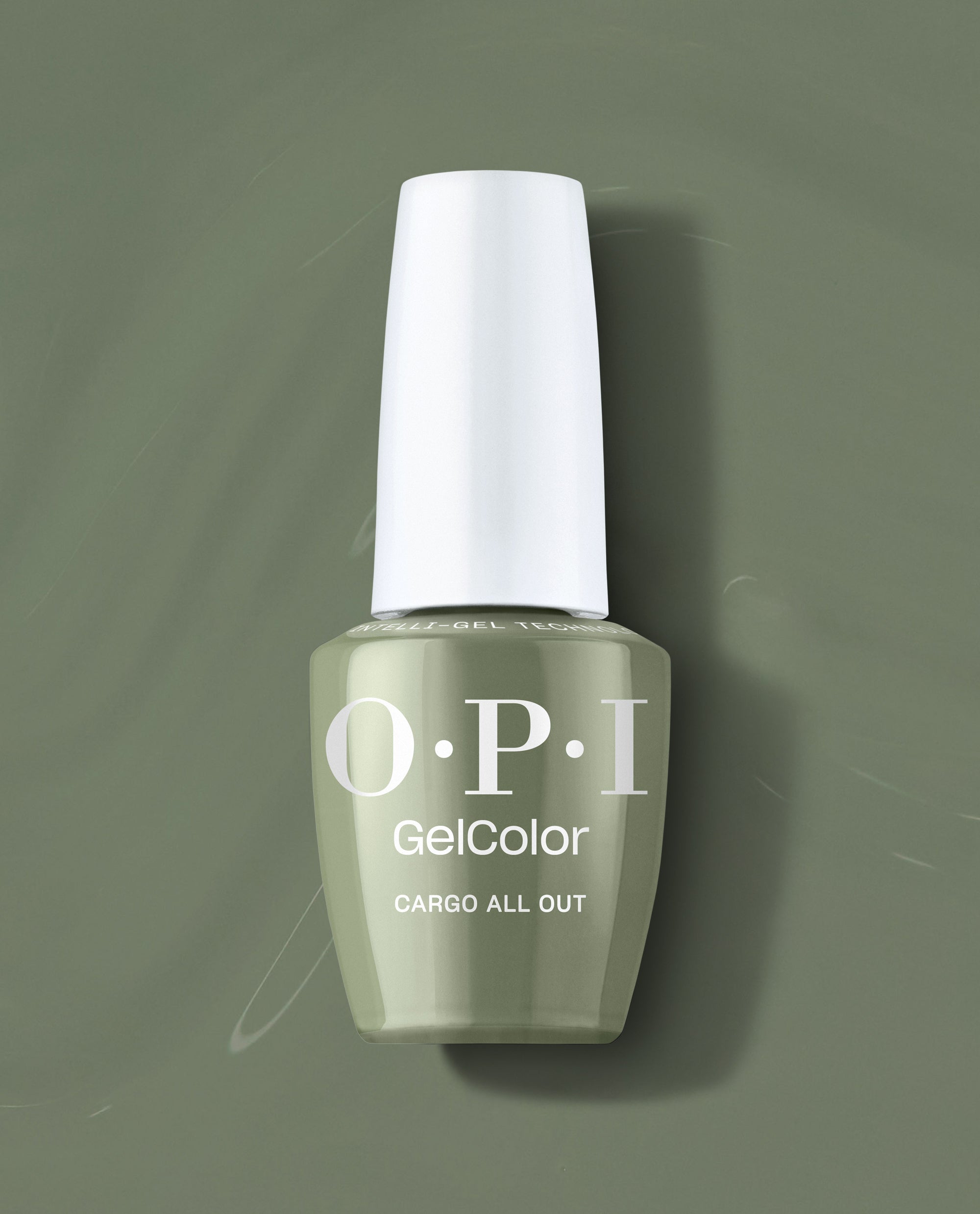 OPI GelColor Cargo All Out gel nail polish bottle standing upright, showcasing a soft sage green finish against a matching glossy background—green nail polish ideal for spring nail colors from OPI.