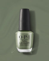OPI Nail Lacquer bottle in Cargo All Out stands upright, showing creamy sage green nail polish with a glossy finish and black textured cap on a tonal green backdrop, a fresh pick for spring nail colors by OPI.