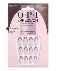 OPI xPRESS/ON Don’t Forget to Tip press-on nails sit in pink retail packaging, showing medium almond nude nails with shimmering taupe French tips, a chic fall nail colors option with up to 14 days of wear.