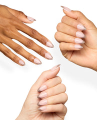 OPI Don’t Forget to Tip xPRESS/ON press-on nails shown on three hands, featuring pale pink almond nails with metallic taupe glitter French tips, a chic option for fall nail colors.