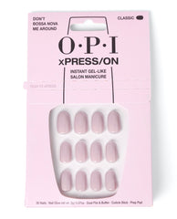 OPI xPRESS/ON Iconic Shades (Short) in Don’t Bossa Nova Me Around® showing a pink box of 30 short, glossy nude artificial nails with included nail glue and tools, ideal as an OPI nail polish gift set for an instant gel-like salon manicure.
