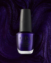 OPI Don’t Over Ink It nail lacquer bottle showing a deep shimmering purple fall nail color against a sparkling violet swirled polish background.