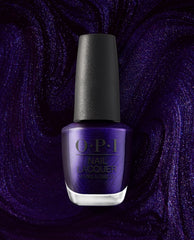 OPI Don’t Over Ink It nail lacquer bottle showing a deep shimmering purple fall nail color against a sparkling violet swirled polish background.