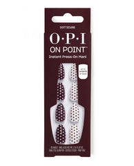 OPI On Point Dotticure instant press-on nails display burgundy and white polka dot fall nail colors in retail packaging with glue, file, buffer, cuticle stick, and prep pad.
