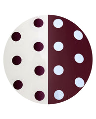 Dotticure On Point nail art shows a split cream and deep burgundy polka dot design, pairing OPI fall nail colors in a bold circular product swatch.