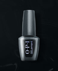 OPI EMOtional at-home gel nail polish bottle in metallic charcoal shimmer stands upright on a black satin background, a trending shade for salon-style manicures at home.