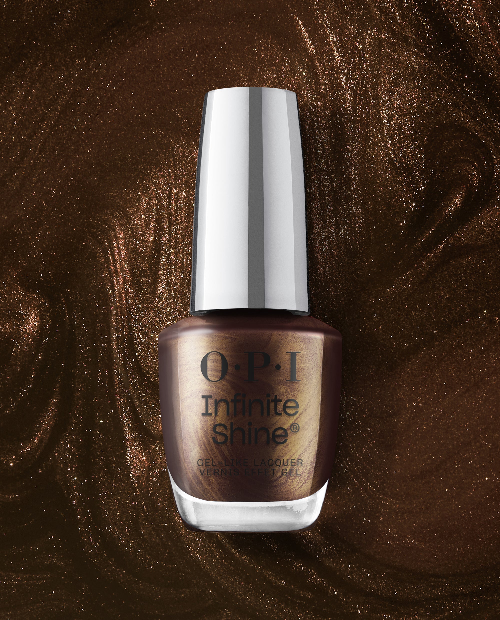 OPI Infinite Shine Espresso Your Style gel-like lacquer bottle showcasing a shimmery bronze-brown fall nail color against a sparkling chocolate metallic polish background.