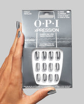 OPI Totally Metallic! Silver Chrome Holographic Press-on Nails Hand and Product