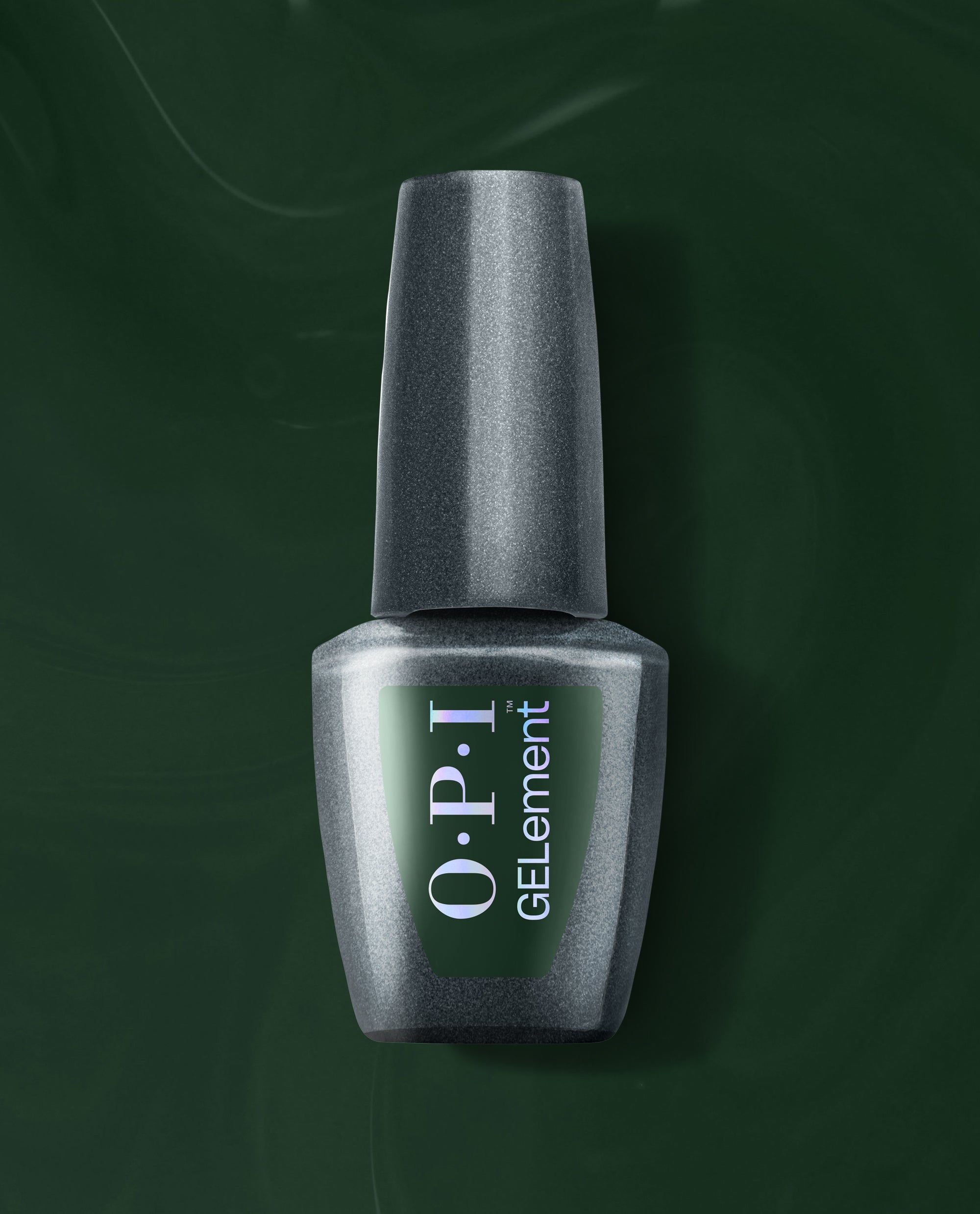 OPI GELElement Garden My French at-home gel nail polish bottle centered and upright, highlighting a rich deep green nail polish shade against a dark green backdrop, a fresh pick for spring nail colors from OPI.