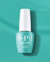 OPI GelColor I’m Yacht Leaving bottle standing upright, showcasing a glossy turquoise‑green gel nail polish with a white cap on a matching teal backdrop—ideal green nail polish for spring nail colors from OPI.