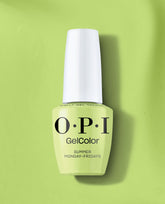 OPI GelColor bottle displaying Summer Monday-Fridays gel nail polish in a light lime green, standing upright with a white cap on a matching backdrop, highlighting a fresh pastel tone ideal for spring nail colors and premium OPI green nail polish.