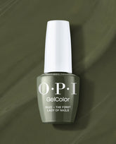 OPI GelColor bottle presenting Suzi – The First Lady of Nails gel nail polish in deep olive green, standing upright with a white cap against a matching glossy backdrop; green nail polish choice for spring nail colors from OPI.