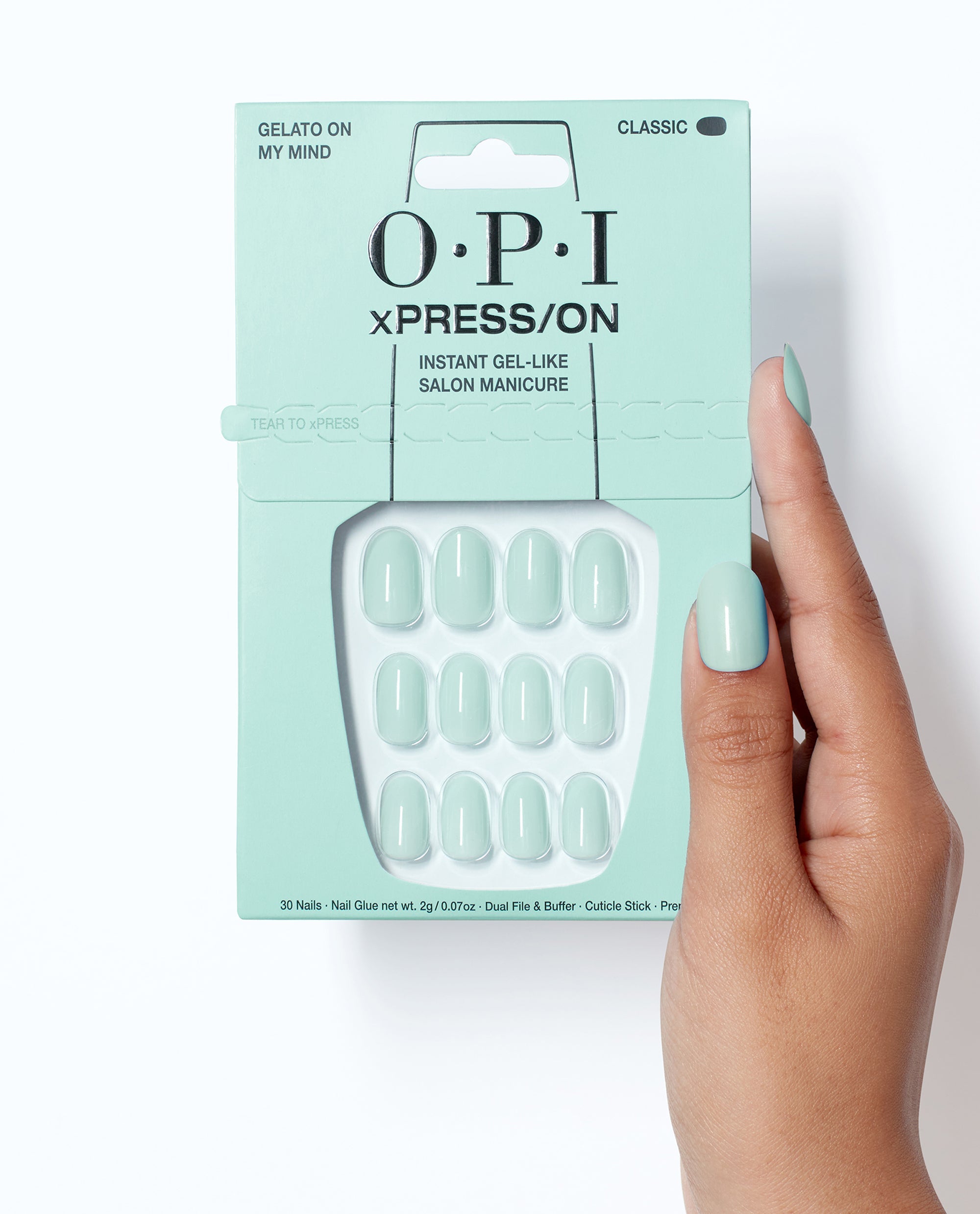 OPI Gelato on My Mind - Short Blue Press-on Nails Hand and Product