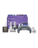OPI GELement Gel Essentials Kit nail polish gift set displayed with purple box, three gel polish bottles, gray UV LED lamp, USB cord, nail file, cuticle stick, and prep pad on a white background for at-home gel manicures.