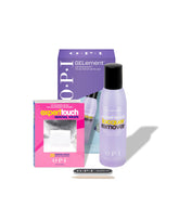 OPI GELement Gel Removal Kit nail polish gift set arranged on white background, featuring purple boxed kit, lavender Expert Touch lacquer remover bottle, pink Expert Touch removal wraps, mini nail file, and wooden cuticle stick for at-home gel removal.