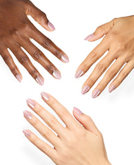 Hands with almond-shaped nails display OPI Glass in Session, a sheer pearly pink Sticking Point manicure, on a clean white background for soft fall nail colors inspiration.