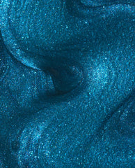 I Sea You at-home gel nail polish swatch shimmers in trending OPI-inspired teal blue with fine glitter and a glossy, ocean-like metallic finish in a close-up texture view.