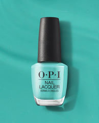 OPI I’m Yacht Leaving Nail Lacquer bottle stands upright with a textured black cap, showcasing a glossy aqua‑green shade on a matching teal background—vibrant green nail polish and a top pick for spring nail colors.