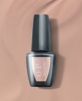 OPI Just Got Leid at-home gel nail polish bottle in shimmering charcoal gray stands upright on a nude background, a moody metallic shade for fall nail colors.