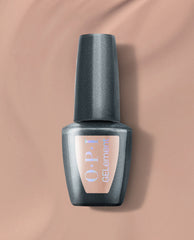 OPI Just Got Leid at-home gel nail polish bottle in shimmering charcoal gray stands upright on a nude background, a moody metallic shade for fall nail colors.