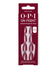 OPI On Point Kiss My Chic instant press-on manicure nails in shimmery deep red, displayed in burgundy packaging with 30 nails and glue, ideal for fall nail colors.
